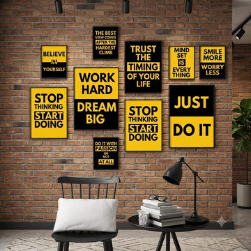 Motivational Wall Art Frame Set of 10 – Yellow & Black Inspirational Quote Frames for Office & Home Decor