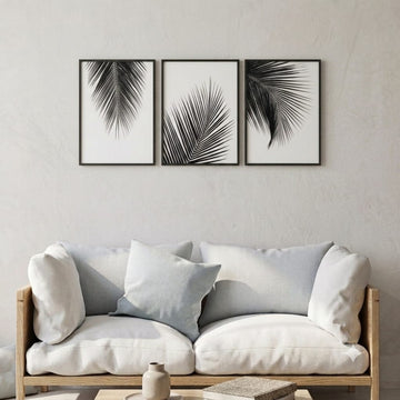 Minimalist Black & White Palm Leaves Wall Art Set - 3 Piece Framed Prints (12x18 Inches)