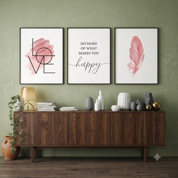 Set of 3 Pink Watercolor Wall Art Frames (12x18 Inches) – Love, Quote & Feather Canvas Prints