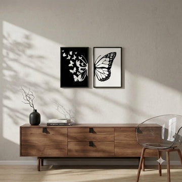 Modern Black & White Butterfly Split Canvas Art - Set of 2 Wall Frames (12" x 18")