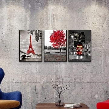 Red Pop Cityscapes & Autumn Tree 3-Piece Framed Wall Art Set (12x18 Inches)
