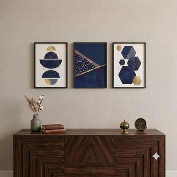 Modern Navy Blue & Gold Abstract Geometric Wall Art - Set of 3 Frames (12x18 Inches)