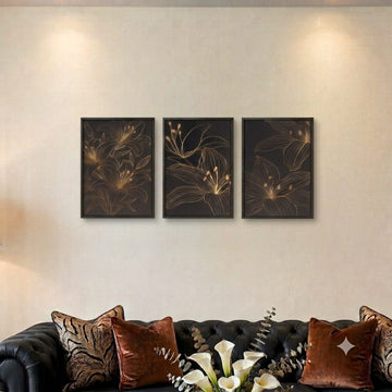 Elegant Golden Floral Line Art - Set of 3 Framed Wall Art (12x18 Inches)