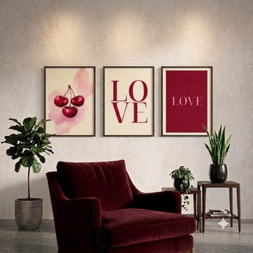 Modern Cherry Love Wall Art Set of 3 (12x18 Inches)