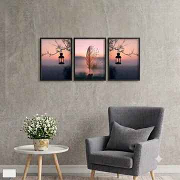 Feather & Lantern Sunset Wall Art - 3 Piece Frame Set
