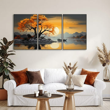 3 Piece Golden Tree Sunset Wall Art Frame Set