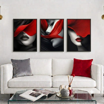 Modern Red Leaf Abstract Woman 3-Piece Canvas Wall Art Set