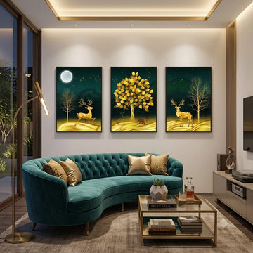 Golden Tree & Deer 3-Piece Canvas Wall Art Set
