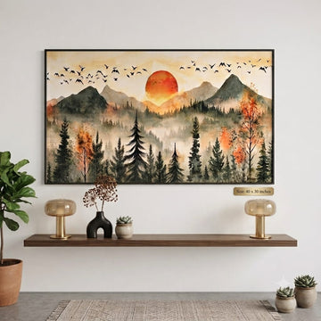 Watercolor Mountain Forest Sunset Canvas Art