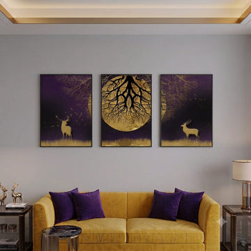 Golden Tree & Deer 3-Piece Canvas Wall Art Set