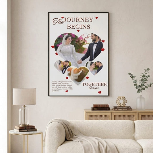 Personalized Wedding Photo Frame – "The Journey Begins" Custom Photo Collage Wall Art